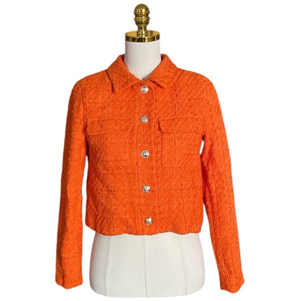 RACHEL ZOE Solid Boucle Orange Cropped Tweed Jacket Women’s Size XS Corpcore